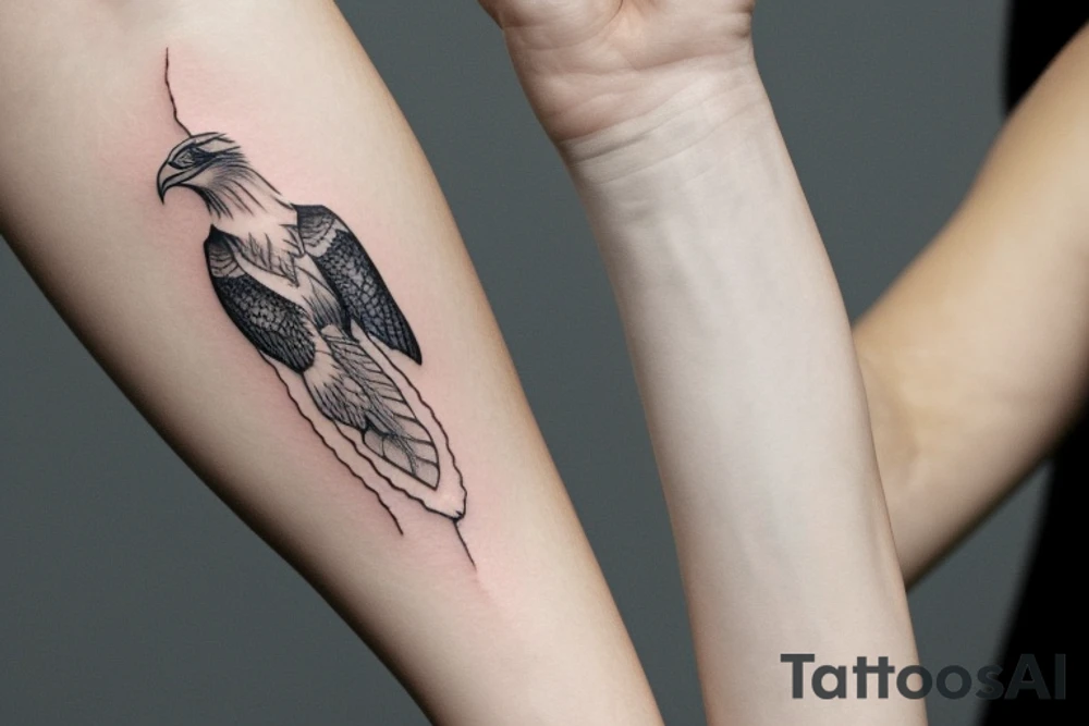 "Please design a delicate and feminine tattoo that captures the essence of an eagle and a manta ray. This wrist tattoo should depict the strength and dominance of an eagle and the elegance and freedom of a manta ray in a minimalist and artistically iconic way. Despite the compact size suitable for the wrist, the design should creatively fuse elements from both animals in a way that remains delicate, exquisite, and visually striking, while keeping its symbolic meanings clear." tattoo idea