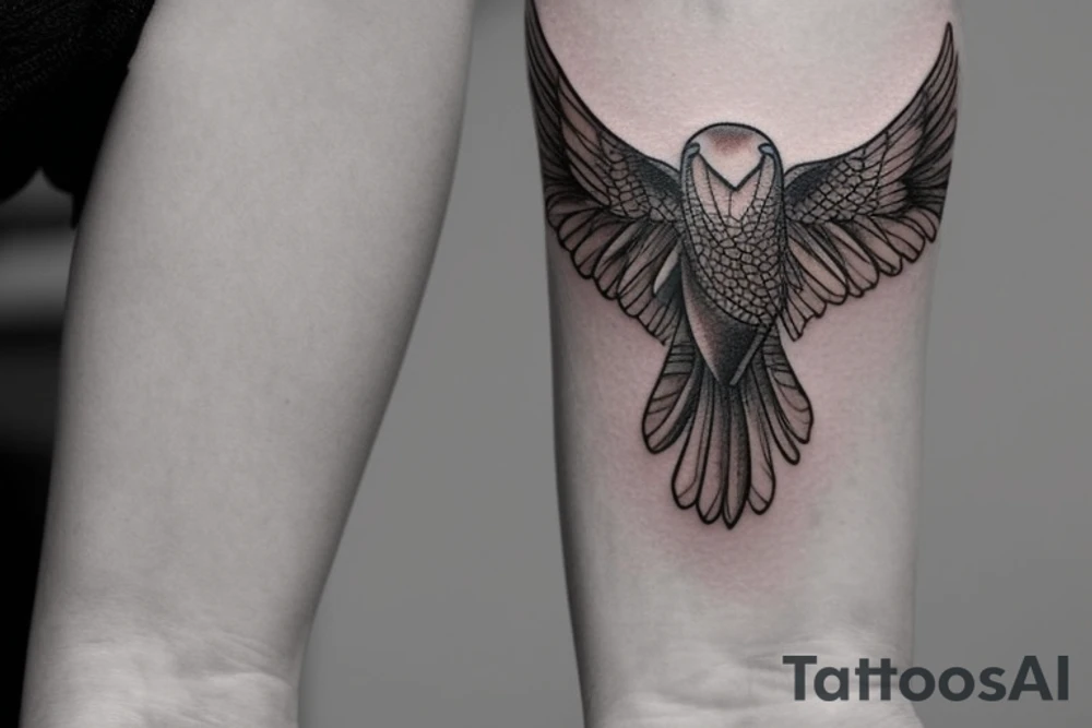 "Please design a delicate and feminine tattoo that captures the essence of an eagle and a manta ray. This wrist tattoo should depict the strength and dominance of an eagle and the elegance and freedom of a manta ray in a minimalist and artistically iconic way. Despite the compact size suitable for the wrist, the design should creatively fuse elements from both animals in a way that remains delicate, exquisite, and visually striking, while keeping its symbolic meanings clear." tattoo idea