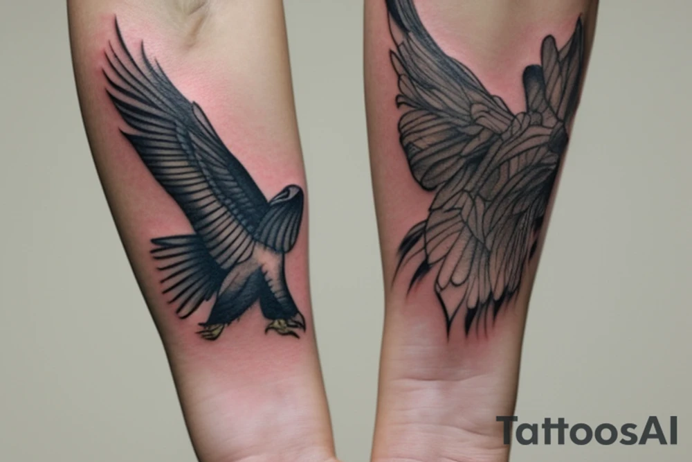 "Please design a delicate and feminine tattoo that captures the essence of an eagle and a manta ray. This wrist tattoo should depict the strength and dominance of an eagle and the elegance and freedom of a manta ray in a minimalist and artistically iconic way. Despite the compact size suitable for the wrist, the design should creatively fuse elements from both animals in a way that remains delicate, exquisite, and visually striking, while keeping its symbolic meanings clear." tattoo idea