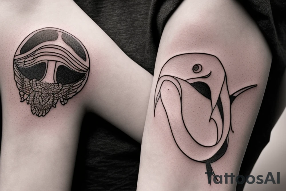 Puedes darme otra descripción muy parecida a esta

"Please create a minimalist illustration for a tattoo that fits on the wrist and combines the symbols of an eagle and a manta ray. Imagine a simple line that symbolizes the strength and freedom of an eagle extending its wing. Next, incorporate a wavy design that reflects the fluidity and elegance of a manta ray swimming in the sea. Both elements should be harmoniously combined in an exquisite and visually striking design." tattoo idea