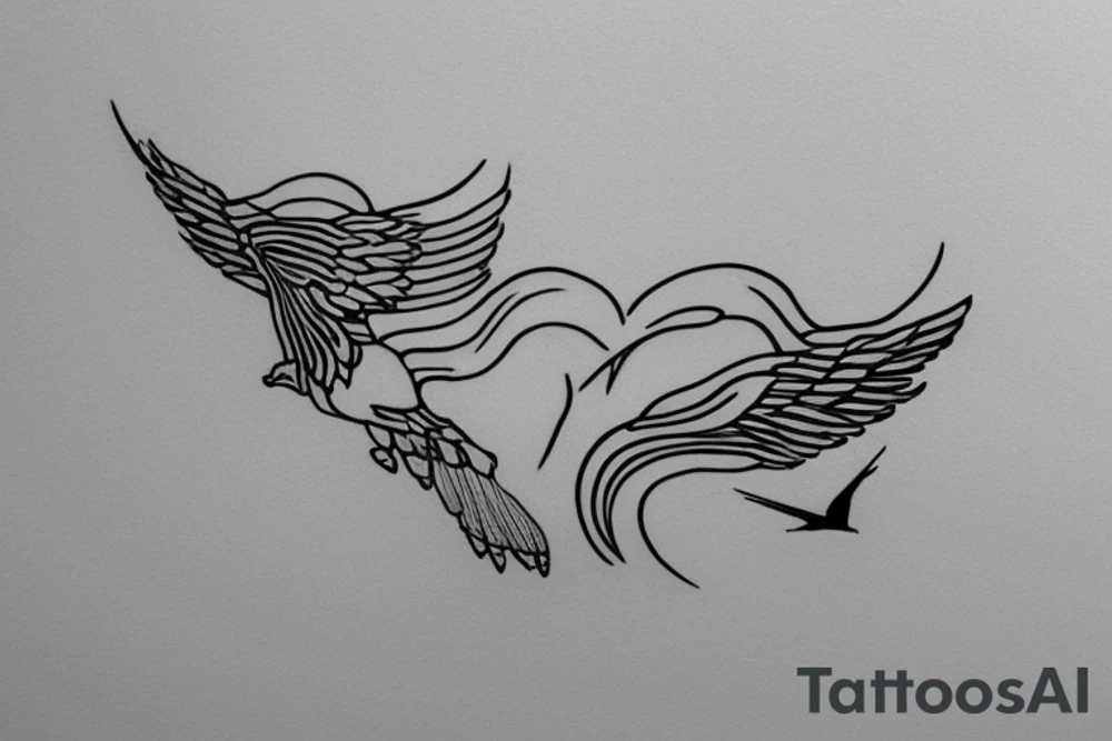 Puedes darme otra descripción muy parecida a esta

"Please create a minimalist illustration for a tattoo that fits on the wrist and combines the symbols of an eagle and a manta ray. Imagine a simple line that symbolizes the strength and freedom of an eagle extending its wing. Next, incorporate a wavy design that reflects the fluidity and elegance of a manta ray swimming in the sea. Both elements should be harmoniously combined in an exquisite and visually striking design." tattoo idea