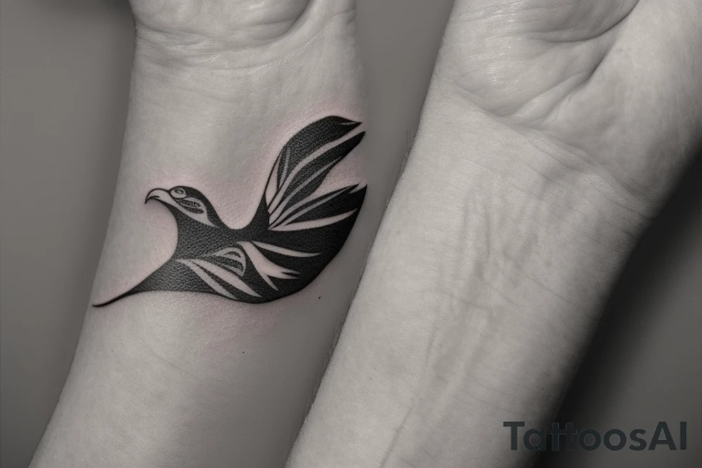 Puedes darme otra descripción muy parecida a esta

"Please create a minimalist illustration for a tattoo that fits on the wrist and combines the symbols of an eagle and a manta ray. Imagine a simple line that symbolizes the strength and freedom of an eagle extending its wing. Next, incorporate a wavy design that reflects the fluidity and elegance of a manta ray swimming in the sea. Both elements should be harmoniously combined in an exquisite and visually striking design." tattoo idea