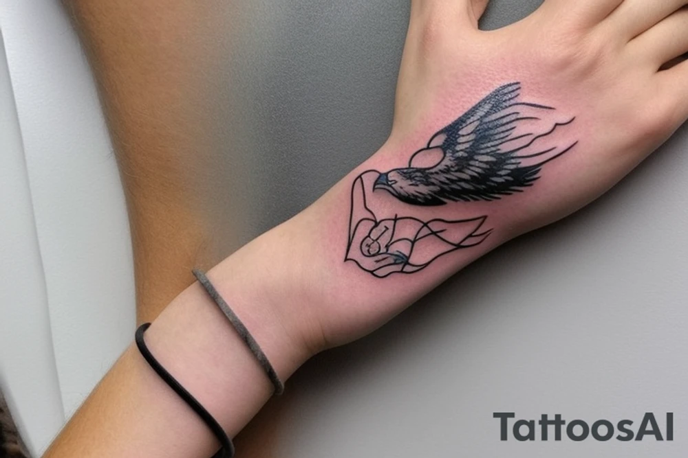 Puedes darme otra descripción muy parecida a esta

"Please create a minimalist illustration for a tattoo that fits on the wrist and combines the symbols of an eagle and a manta ray. Imagine a simple line that symbolizes the strength and freedom of an eagle extending its wing. Next, incorporate a wavy design that reflects the fluidity and elegance of a manta ray swimming in the sea. Both elements should be harmoniously combined in an exquisite and visually striking design." tattoo idea