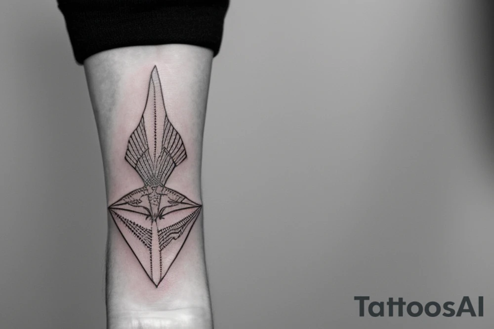 "Please create a minimalist illustration for a exquisite tattoo that fits on the wrist and combines the symbols of an eagle and a manta ray. Imagine a simple line that symbolizes the strength and freedom of an eagle extending its wing. Next, incorporate a wavy design that reflects the fluidity and elegance of a manta ray swimming in the sea. Both elements should be harmoniously combined in an exquisite and visually striking design." tattoo idea