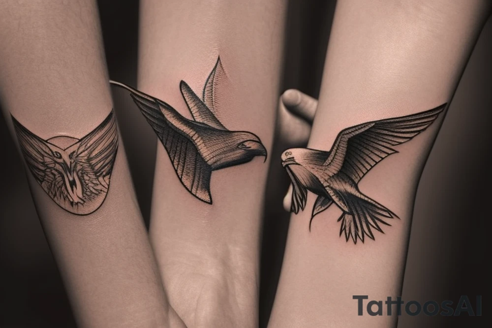 Image icon fits on the wrist and combines the symbols of an eagle and a manta ray. Imagine a simple line that symbolizes the strength and freedom of an eagle extending its wing. Next, incorporate a wavy design that reflects the fluidity and elegance of a manta ray swimming in the sea. Both elements should be harmoniously combined in an exquisite and visually striking design." tattoo idea