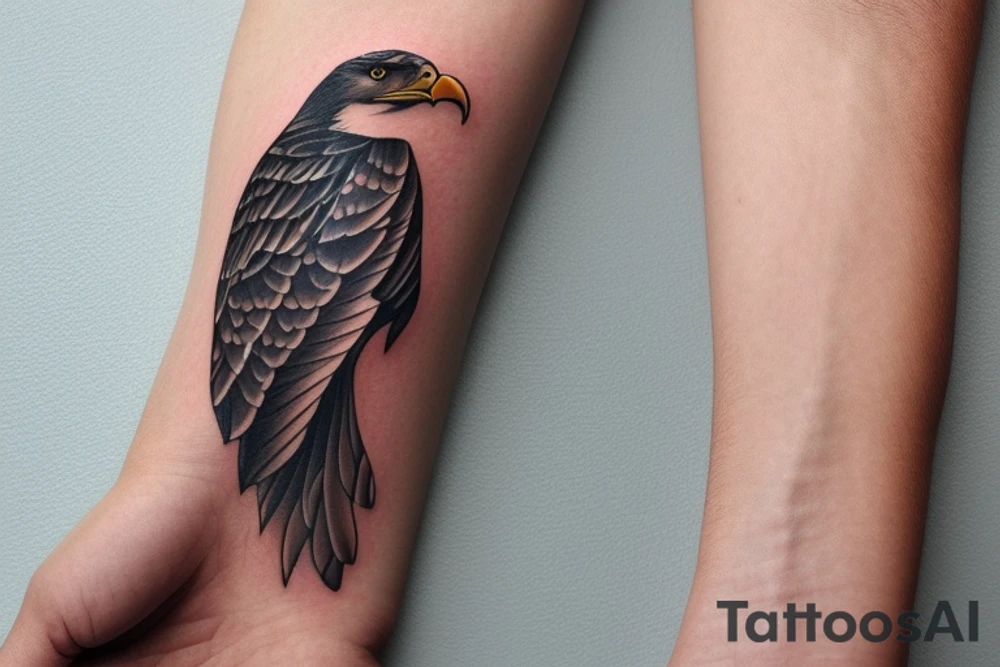 Image icon fits on the wrist and combines the symbols of an eagle and a manta ray. Imagine a simple line that symbolizes the strength and freedom of an eagle extending its wing. Next, incorporate a wavy design that reflects the fluidity and elegance of a manta ray swimming in the sea. Both elements should be harmoniously combined in an exquisite and visually striking design." tattoo idea