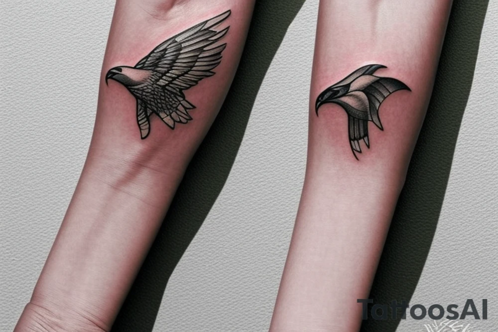 Image icon fits on the wrist and combines the symbols of an eagle and a manta ray. Imagine a simple line that symbolizes the strength and freedom of an eagle extending its wing. Next, incorporate a wavy design that reflects the fluidity and elegance of a manta ray swimming in the sea. Both elements should be harmoniously combined in an exquisite and visually striking design." tattoo idea