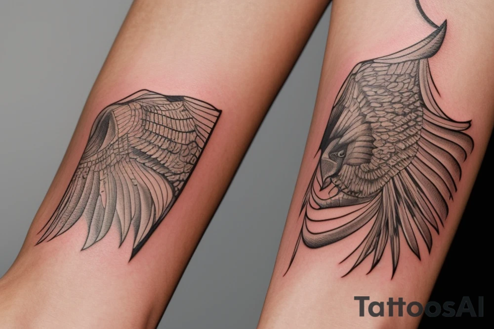 Image icon fits on the wrist and combines the symbols of an eagle and a manta ray. Imagine a simple line that symbolizes the strength and freedom of an eagle extending its wing. Next, incorporate a wavy design that reflects the fluidity and elegance of a manta ray swimming in the sea. Both elements should be harmoniously combined in an exquisite and visually striking design." tattoo idea