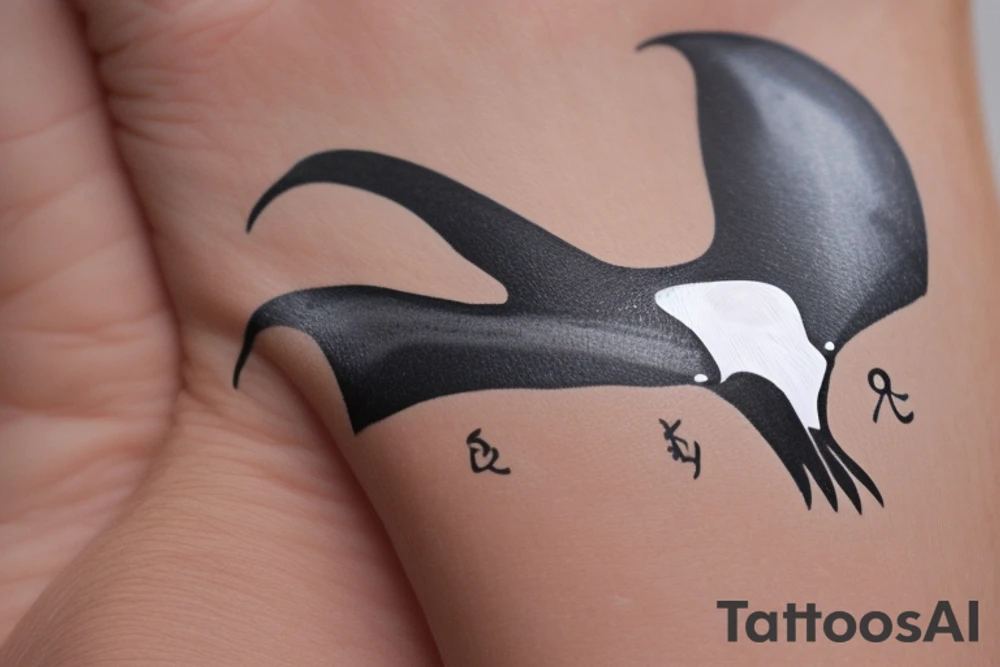 Small Image symbol fits on the wrist and combines the symbols of an eagle and a manta ray. Imagine a simple line that symbolizes the strength and freedom of an eagle extending its wing. Next, incorporate a wavy design that reflects the fluidity and elegance of a manta ray swimming in the sea. Both elements should be harmoniously combined in an exquisite and visually striking design." tattoo idea