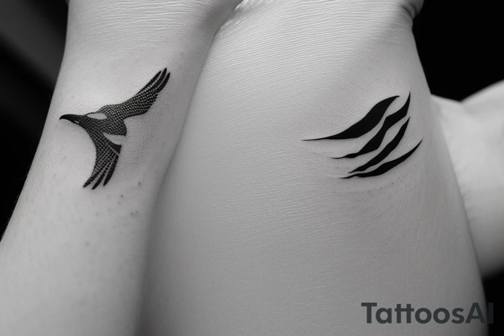 "Please envision a minimalist design for a wrist tattoo that marries the potent symbolism of an eagle and a manta ray. Imagine an understated line that channels the commanding strength and boundless freedom of an eagle in flight. Next, weave in an elegantly rippling motif that encapsulates the sublime fluidity and poised elegance of a manta ray cruising the ocean depths. These symbols should coalesce in a supremely exquisite and visually resplendent manner, delivering an artful piece of extraordinary elegance and profound beauty." tattoo idea