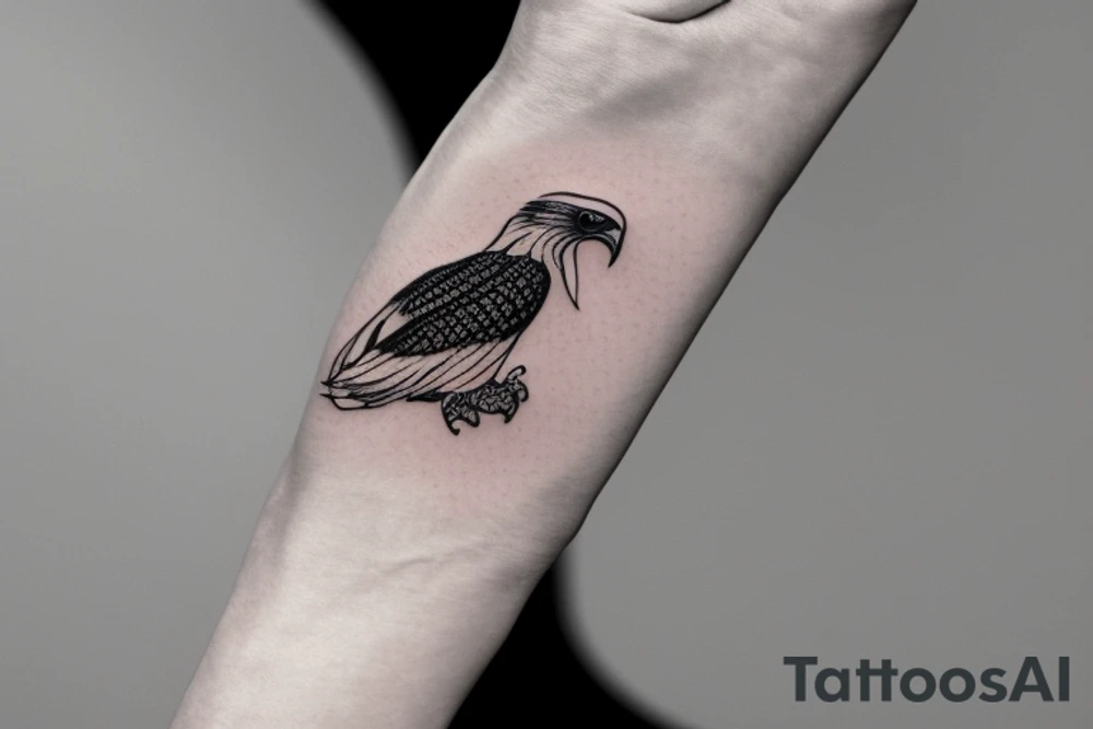 "Please envision a minimalist design for a wrist tattoo that marries the potent symbolism of an eagle and a manta ray. Imagine an understated line that channels the commanding strength and boundless freedom of an eagle in flight. Next, weave in an elegantly rippling motif that encapsulates the sublime fluidity and poised elegance of a manta ray cruising the ocean depths. These symbols should coalesce in a supremely exquisite and visually resplendent manner, delivering an artful piece of extraordinary elegance and profound beauty." tattoo idea
