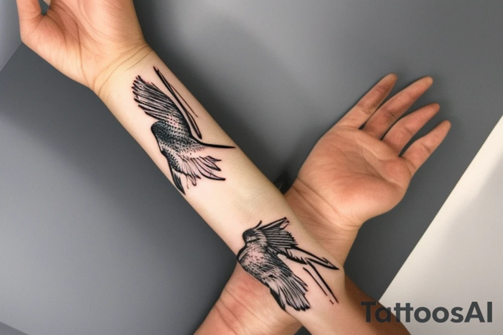 "Please envision a minimalist design for a wrist tattoo that marries the potent symbolism of an eagle and a manta ray. Imagine an understated line that channels the commanding strength and boundless freedom of an eagle in flight. Next, weave in an elegantly rippling motif that encapsulates the sublime fluidity and poised elegance of a manta ray cruising the ocean depths. These symbols should coalesce in a supremely exquisite and visually resplendent manner, delivering an artful piece of extraordinary elegance and profound beauty." tattoo idea