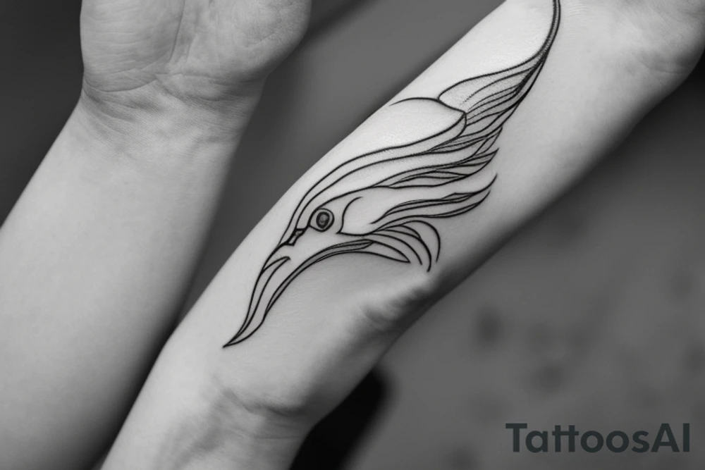 "Please design a minimalist yet elegant wrist tattoo that cleverly intertwines the symbolic essence of an eagle and a manta ray. Imagine a singular, subtle line embodying the potent strength and sprawling freedom of an eagle in mid-flight. Further, interweave a gently undulating motif to echo the serene fluidity and graceful elegance of a manta ray gliding beneath the sea surface. Both elements should merge creatively, yielding a sophisticated, symbolically rich design that presents a visually captivating testament to the majesty of these two creatures." tattoo idea