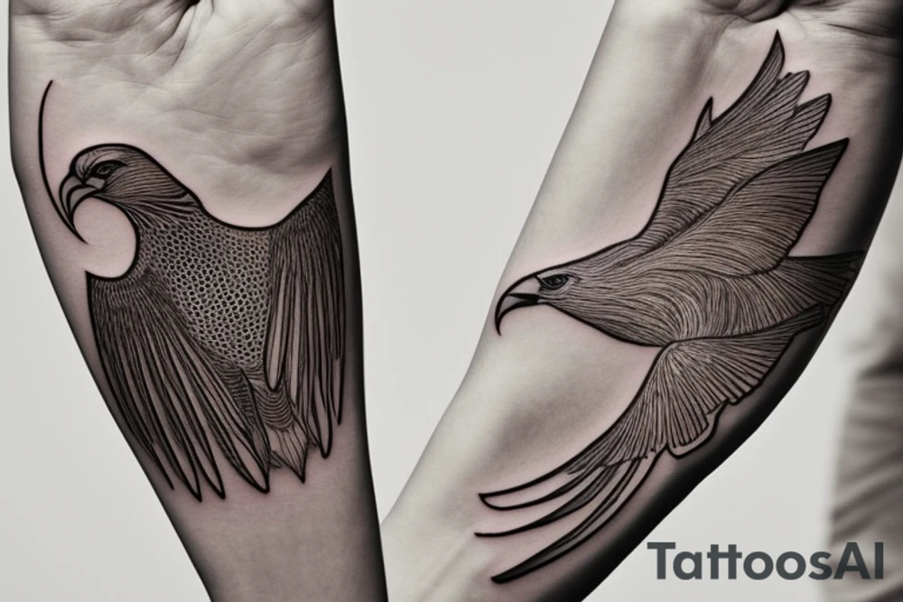 "Please design a minimalist yet elegant wrist tattoo that cleverly intertwines the symbolic essence of an eagle and a manta ray. Imagine a singular, subtle line embodying the potent strength and sprawling freedom of an eagle in mid-flight. Further, interweave a gently undulating motif to echo the serene fluidity and graceful elegance of a manta ray gliding beneath the sea surface. Both elements should merge creatively, yielding a sophisticated, symbolically rich design that presents a visually captivating testament to the majesty of these two creatures." tattoo idea