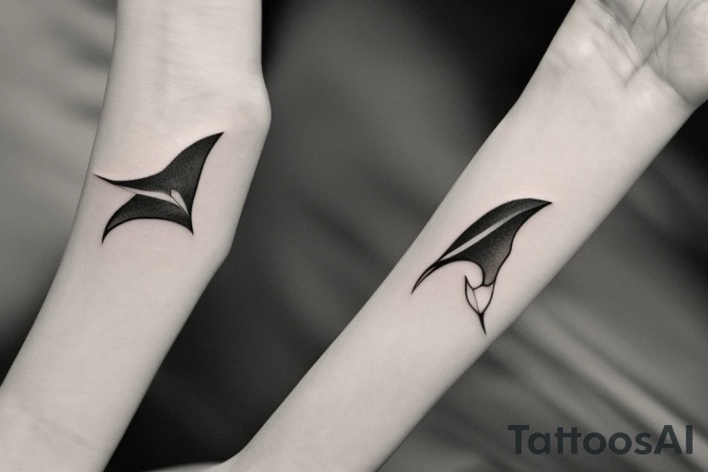 "Please design a minimalist yet elegant wrist tattoo that cleverly intertwines the symbolic essence of an eagle and a manta ray. Imagine a singular, subtle line embodying the potent strength and sprawling freedom of an eagle in mid-flight. Further, interweave a gently undulating motif to echo the serene fluidity and graceful elegance of a manta ray gliding beneath the sea surface. Both elements should merge creatively, yielding a sophisticated, symbolically rich design that presents a visually captivating testament to the majesty of these two creatures." tattoo idea