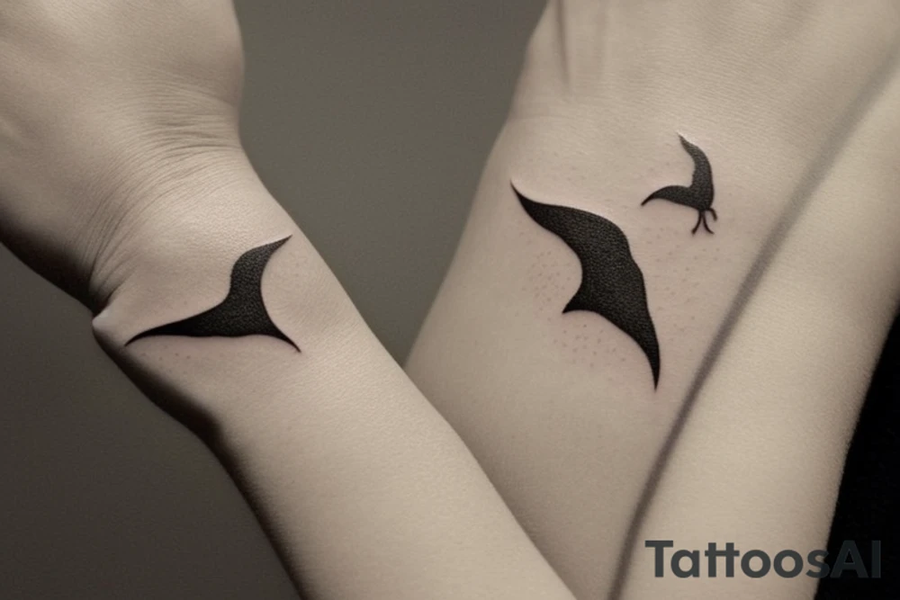 "Please design a minimalist yet elegant wrist tattoo that cleverly intertwines the symbolic essence of an eagle and a manta ray. Imagine a singular, subtle line embodying the potent strength and sprawling freedom of an eagle in mid-flight. Further, interweave a gently undulating motif to echo the serene fluidity and graceful elegance of a manta ray gliding beneath the sea surface. Both elements should merge creatively, yielding a sophisticated, symbolically rich design that presents a visually captivating testament to the majesty of these two creatures." tattoo idea