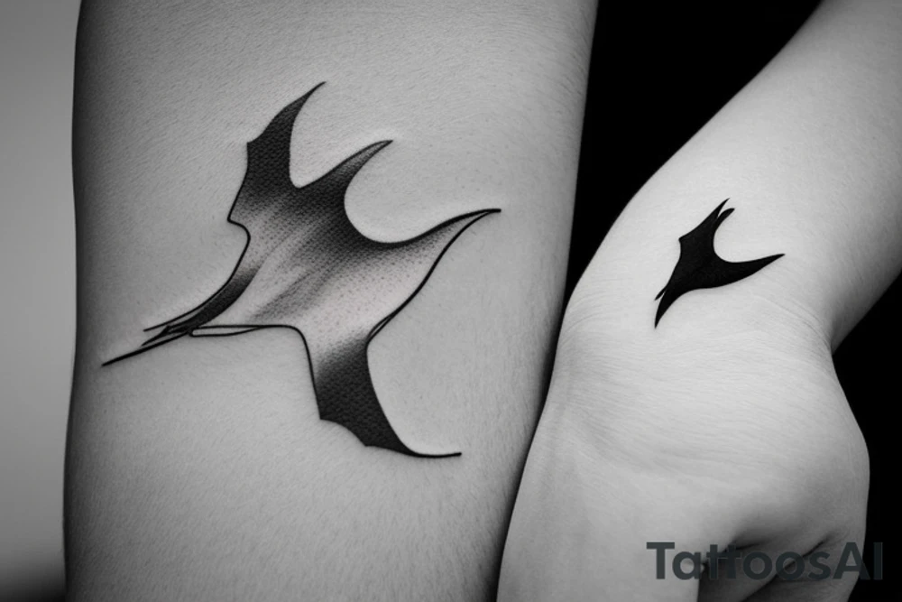 "Please design a minimalist yet elegant wrist tattoo that cleverly intertwines the symbolic essence of an eagle and a manta ray. Imagine a singular, subtle line embodying the potent strength and sprawling freedom of an eagle in mid-flight. Further, interweave a gently undulating motif to echo the serene fluidity and graceful elegance of a manta ray gliding beneath the sea surface. Both elements should merge creatively, yielding a sophisticated, symbolically rich design that presents a visually captivating testament to the majesty of these two creatures." tattoo idea