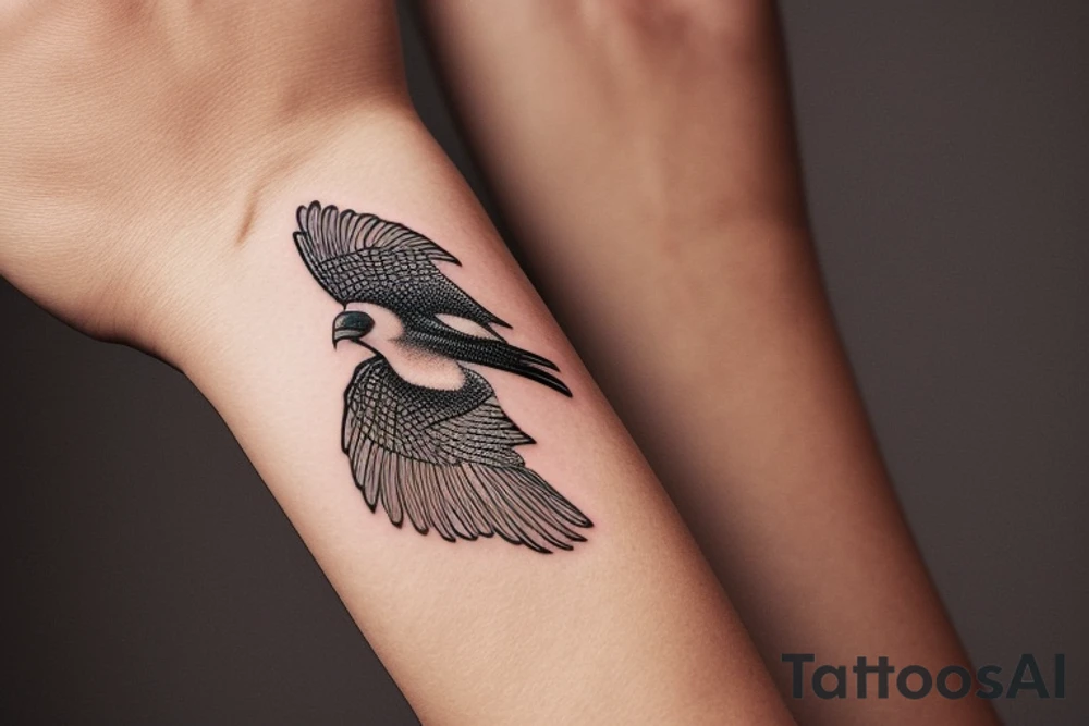 "Please design a minimalist yet elegant wrist tattoo that cleverly intertwines the symbolic essence of an eagle and a manta ray. Imagine a singular, subtle line embodying the potent strength and sprawling freedom of an eagle in mid-flight. Further, interweave a gently undulating motif to echo the serene fluidity and graceful elegance of a manta ray gliding beneath the sea surface. Both elements should merge creatively, yielding a sophisticated, symbolically rich design that presents a visually captivating testament to the majesty of these two creatures." tattoo idea