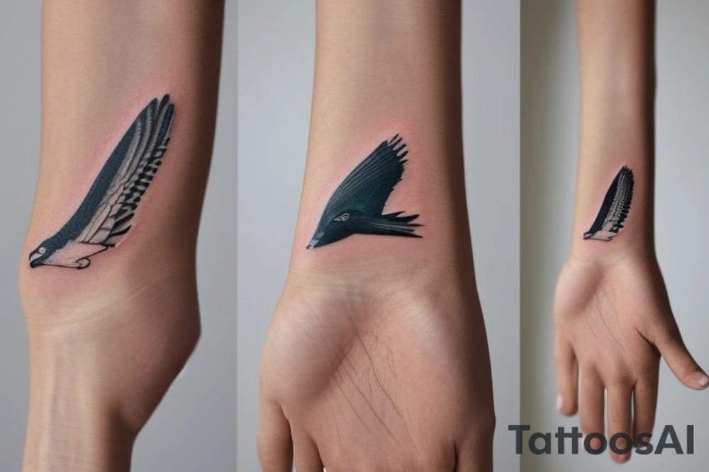 "Please design a minimalist yet elegant wrist tattoo that cleverly intertwines the symbolic essence of an eagle and a manta ray. Imagine a singular, subtle line embodying the potent strength and sprawling freedom of an eagle in mid-flight. Further, interweave a gently undulating motif to echo the serene fluidity and graceful elegance of a manta ray gliding beneath the sea surface. Both elements should merge creatively, yielding a sophisticated, symbolically rich design that presents a visually captivating testament to the majesty of these two creatures." tattoo idea