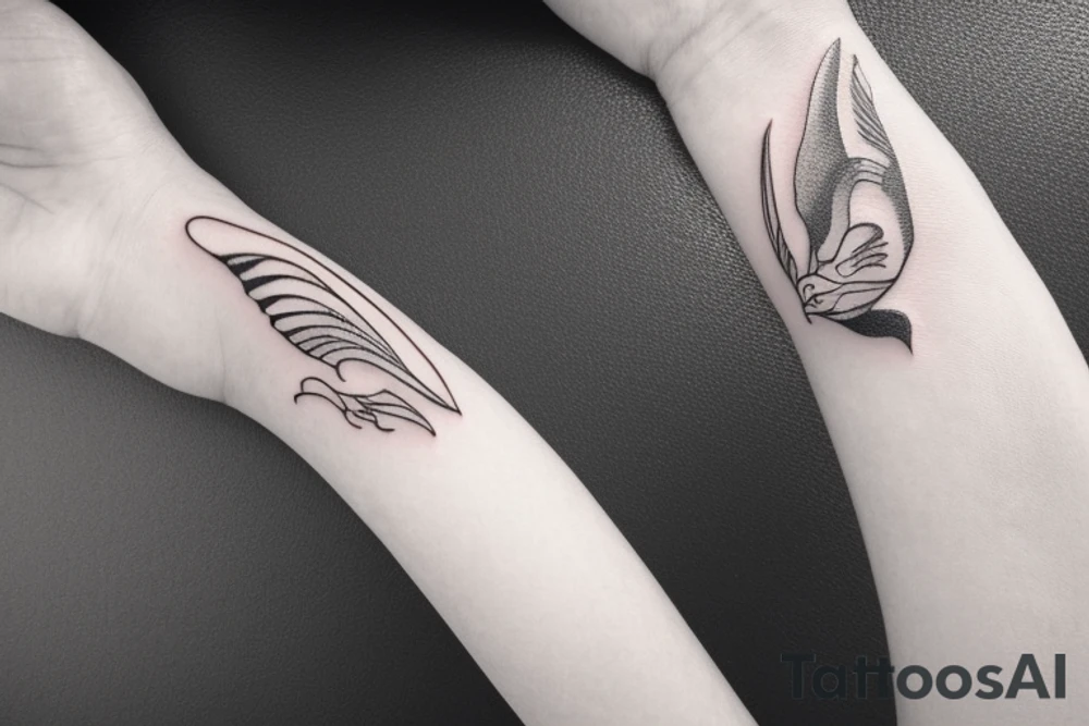 "Please design a minimalist yet elegant wrist tattoo that cleverly intertwines the symbolic essence of an eagle and a manta ray. Imagine a singular, subtle line embodying the potent strength and sprawling freedom of an eagle in mid-flight. Further, interweave a gently undulating motif to echo the serene fluidity and graceful elegance of a manta ray gliding beneath the sea surface. Both elements should merge creatively, yielding a sophisticated, symbolically rich design that presents a visually captivating testament to the majesty of these two creatures." tattoo idea