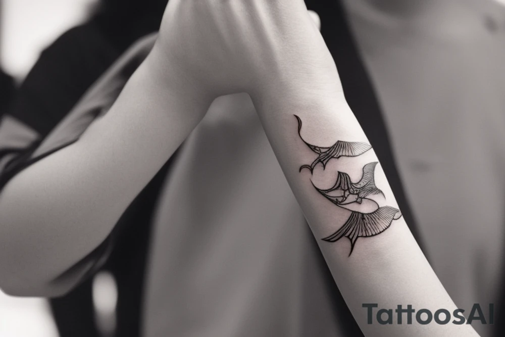 "Please design a minimalist yet elegant wrist tattoo that cleverly intertwines the symbolic essence of an eagle and a manta ray. Imagine a singular, subtle line embodying the potent strength and sprawling freedom of an eagle in mid-flight. Further, interweave a gently undulating motif to echo the serene fluidity and graceful elegance of a manta ray gliding beneath the sea surface. Both elements should merge creatively, yielding a sophisticated, symbolically rich design that presents a visually captivating testament to the majesty of these two creatures." tattoo idea
