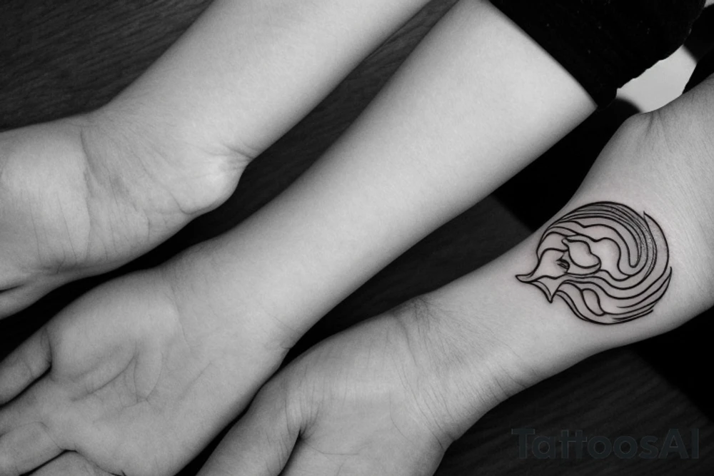 "Please design a minimalist yet elegant wrist tattoo that cleverly intertwines the symbolic essence of an eagle and a manta ray. Imagine a singular, subtle line embodying the potent strength and sprawling freedom of an eagle in mid-flight. Further, interweave a gently undulating motif to echo the serene fluidity and graceful elegance of a manta ray gliding beneath the sea surface. Both elements should merge creatively, yielding a sophisticated, symbolically rich design that presents a visually captivating testament to the majesty of these two creatures." tattoo idea