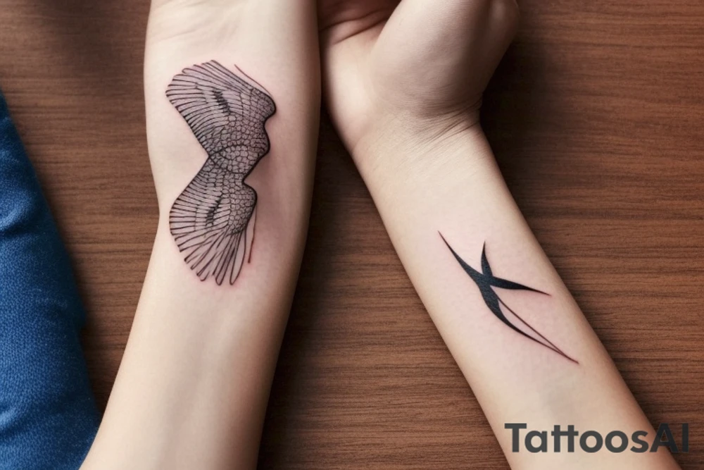 "Please design a minimalist yet elegant wrist tattoo that cleverly intertwines the symbolic essence of an eagle and a manta ray. Imagine a singular, subtle line embodying the potent strength and sprawling freedom of an eagle in mid-flight. Further, interweave a gently undulating motif to echo the serene fluidity and graceful elegance of a manta ray gliding beneath the sea surface. Both elements should merge creatively, yielding a sophisticated, symbolically rich design that presents a visually captivating testament to the majesty of these two creatures." tattoo idea