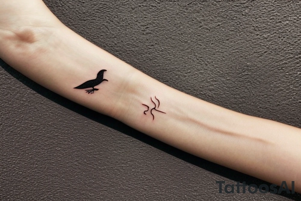 "Please design a minimalist yet elegant wrist tattoo that cleverly intertwines the symbolic essence of an eagle and a manta ray. Imagine a singular, subtle line embodying the potent strength and sprawling freedom of an eagle in mid-flight. Further, interweave a gently undulating motif to echo the serene fluidity and graceful elegance of a manta ray gliding beneath the sea surface. Both elements should merge creatively, yielding a sophisticated, symbolically rich design that presents a visually captivating testament to the majesty of these two creatures." tattoo idea
