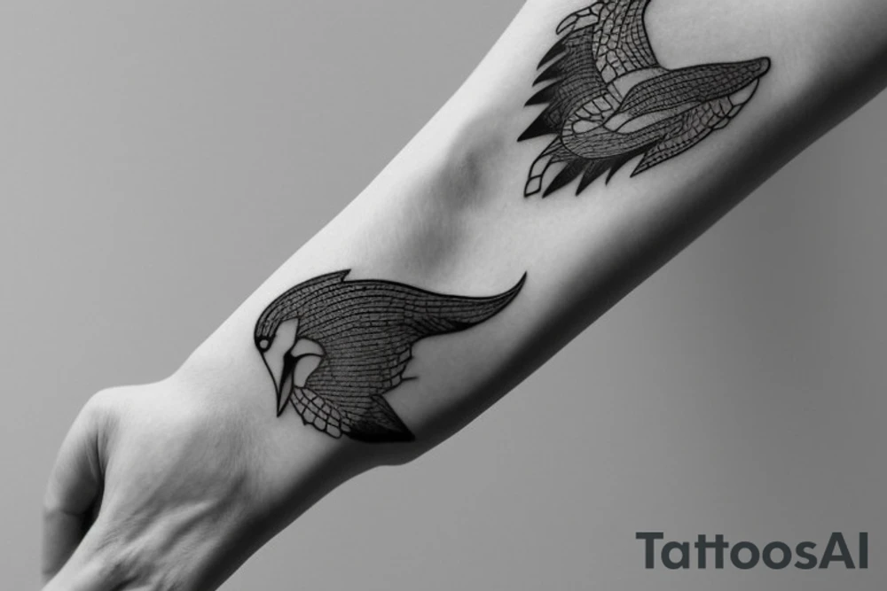 "Please design a minimalist yet elegant wrist tattoo that cleverly intertwines the symbolic essence of an eagle and a manta ray. Imagine a singular, subtle line embodying the potent strength and sprawling freedom of an eagle in mid-flight. Further, interweave a gently undulating motif to echo the serene fluidity and graceful elegance of a manta ray gliding beneath the sea surface. Both elements should merge creatively, yielding a sophisticated, symbolically rich design that presents a visually captivating testament to the majesty of these two creatures." tattoo idea