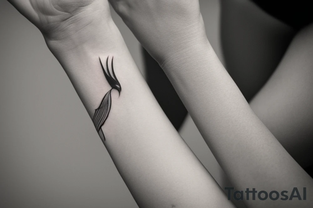 "Please design a minimalist yet elegant wrist tattoo that cleverly intertwines the symbolic essence of an eagle and a manta ray. Imagine a singular, subtle line embodying the potent strength and sprawling freedom of an eagle in mid-flight. Further, interweave a gently undulating motif to echo the serene fluidity and graceful elegance of a manta ray gliding beneath the sea surface. Both elements should merge creatively, yielding a sophisticated, symbolically rich design that presents a visually captivating testament to the majesty of these two creatures." tattoo idea