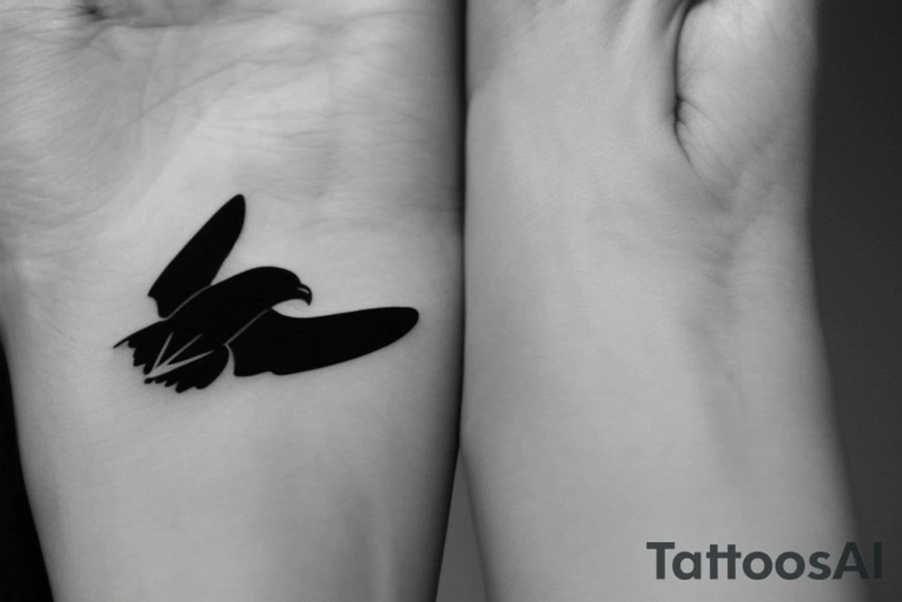"Please design a minimalist yet elegant wrist tattoo that cleverly intertwines the symbolic essence of an eagle and a manta ray. Imagine a singular, subtle line embodying the potent strength and sprawling freedom of an eagle in mid-flight. Further, interweave a gently undulating motif to echo the serene fluidity and graceful elegance of a manta ray gliding beneath the sea surface. Both elements should merge creatively, yielding a sophisticated, symbolically rich design that presents a visually captivating testament to the majesty of these two creatures." tattoo idea