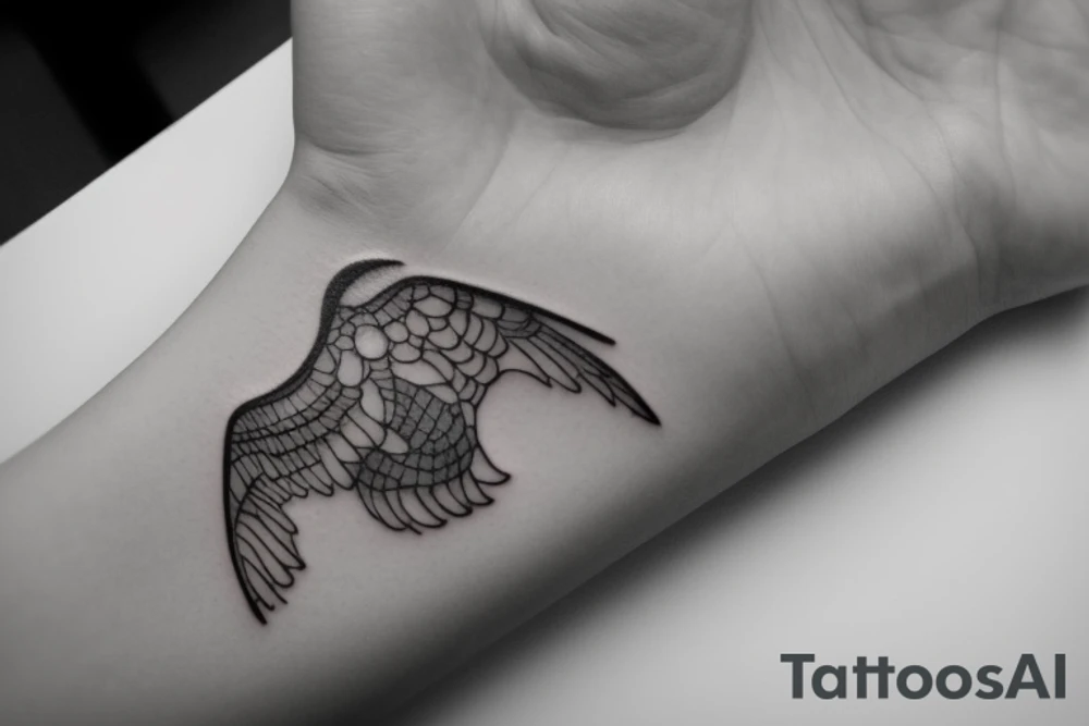 "Please design a minimalist yet elegant wrist tattoo that cleverly intertwines the symbolic essence of an eagle and a manta ray. Imagine a singular, subtle line embodying the potent strength and sprawling freedom of an eagle in mid-flight. Further, interweave a gently undulating motif to echo the serene fluidity and graceful elegance of a manta ray gliding beneath the sea surface. Both elements should merge creatively, yielding a sophisticated, symbolically rich design that presents a visually captivating testament to the majesty of these two creatures." tattoo idea