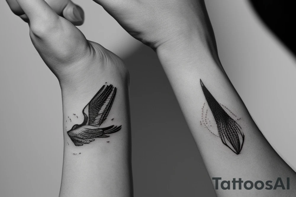 "Please design a minimalist yet elegant wrist tattoo that cleverly intertwines the symbolic essence of an eagle and a manta ray. Imagine a singular, subtle line embodying the potent strength and sprawling freedom of an eagle in mid-flight. Further, interweave a gently undulating motif to echo the serene fluidity and graceful elegance of a manta ray gliding beneath the sea surface. Both elements should merge creatively, yielding a sophisticated, symbolically rich design that presents a visually captivating testament to the majesty of these two creatures." tattoo idea