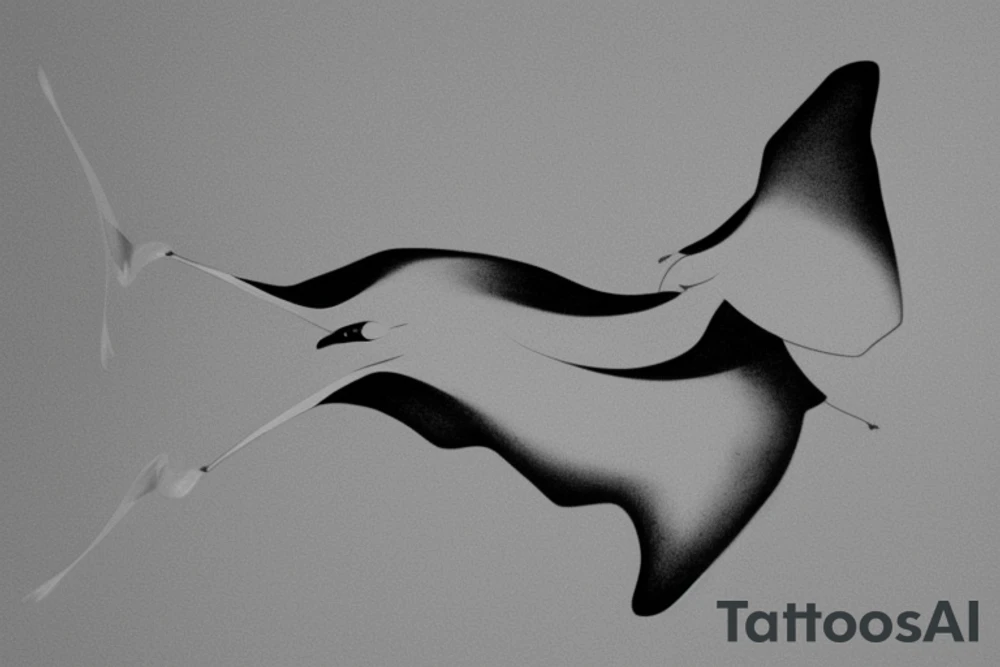 "Please design a minimalist yet elegant wrist tattoo that cleverly intertwines the symbolic essence of an eagle and a manta ray. Imagine a singular, subtle line embodying the potent strength and sprawling freedom of an eagle in mid-flight. Further, interweave a gently undulating motif to echo the serene fluidity and graceful elegance of a manta ray gliding beneath the sea surface. Both elements should merge creatively, yielding a sophisticated, symbolically rich design that presents a visually captivating testament to the majesty of these two creatures." tattoo idea