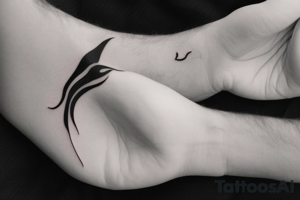 "Please design a minimalist yet elegant wrist tattoo that cleverly intertwines the symbolic essence of an eagle and a manta ray. Imagine a singular, subtle line embodying the potent strength and sprawling freedom of an eagle in mid-flight. Further, interweave a gently undulating motif to echo the serene fluidity and graceful elegance of a manta ray gliding beneath the sea surface. Both elements should merge creatively, yielding a sophisticated, symbolically rich design that presents a visually captivating testament to the majesty of these two creatures." tattoo idea