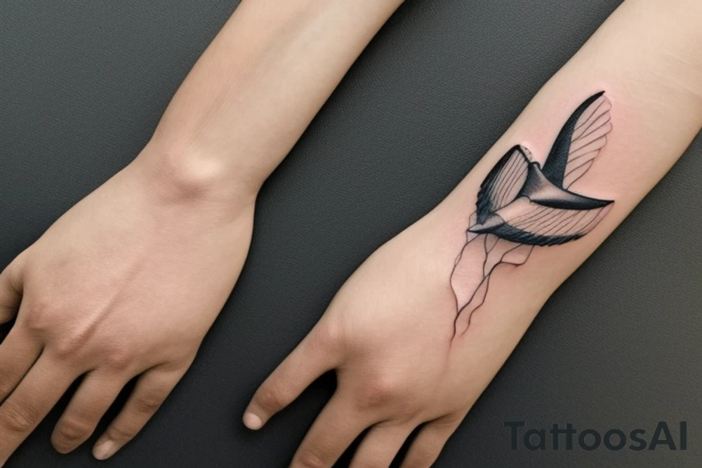 "Please design a minimalist yet elegant wrist tattoo that cleverly intertwines the symbolic essence of an eagle and a manta ray. Imagine a singular, subtle line embodying the potent strength and sprawling freedom of an eagle in mid-flight. Further, interweave a gently undulating motif to echo the serene fluidity and graceful elegance of a manta ray gliding beneath the sea surface. Both elements should merge creatively, yielding a sophisticated, symbolically rich design that presents a visually captivating testament to the majesty of these two creatures." tattoo idea