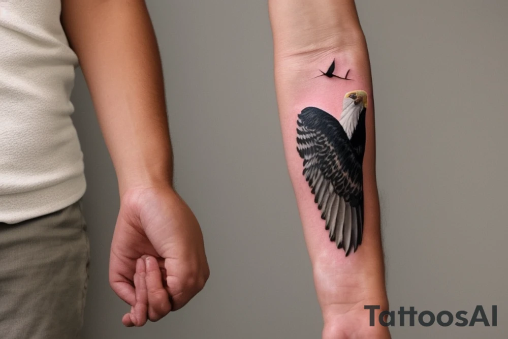 "Please create a uniquely minimalist tattoo for the wrist that intertwines the powerful symbolism of an eagle and a manta ray. The design should start with a single, striking line that forms an eagle's wing, symbolizing strength, courage, and freedom. The eagle's wing should smoothly transition into the fluid, graceful wing of a manta ray, a symbol of serenity and harmonious flow in life. Nestled between the wings of these two majestic creatures, introduce a tranquil representation of the sea, denoting life's constant ebb and flow. This design should beautifully merge these symbols, resulting in an elegant, visually striking tattoo that serves as a reminder of personal strength, freedom, and the natural rhythm of life." tattoo idea