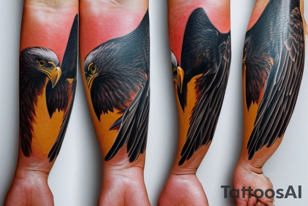 "Please create a uniquely minimalist tattoo for the wrist that intertwines the powerful symbolism of an eagle and a manta ray. The design should start with a single, striking line that forms an eagle's wing, symbolizing strength, courage, and freedom. The eagle's wing should smoothly transition into the fluid, graceful wing of a manta ray, a symbol of serenity and harmonious flow in life. Nestled between the wings of these two majestic creatures, introduce a tranquil representation of the sea, denoting life's constant ebb and flow. This design should beautifully merge these symbols, resulting in an elegant, visually striking tattoo that serves as a reminder of personal strength, freedom, and the natural rhythm of life." tattoo idea