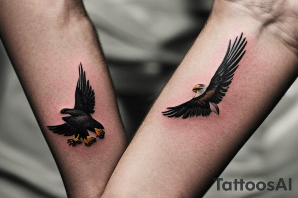 "Please create a uniquely minimalist tattoo for the wrist that intertwines the powerful symbolism of an eagle and a manta ray. The design should start with a single, striking line that forms an eagle's wing, symbolizing strength, courage, and freedom. The eagle's wing should smoothly transition into the fluid, graceful wing of a manta ray, a symbol of serenity and harmonious flow in life. Nestled between the wings of these two majestic creatures, introduce a tranquil representation of the sea, denoting life's constant ebb and flow. This design should beautifully merge these symbols, resulting in an elegant, visually striking tattoo that serves as a reminder of personal strength, freedom, and the natural rhythm of life." tattoo idea