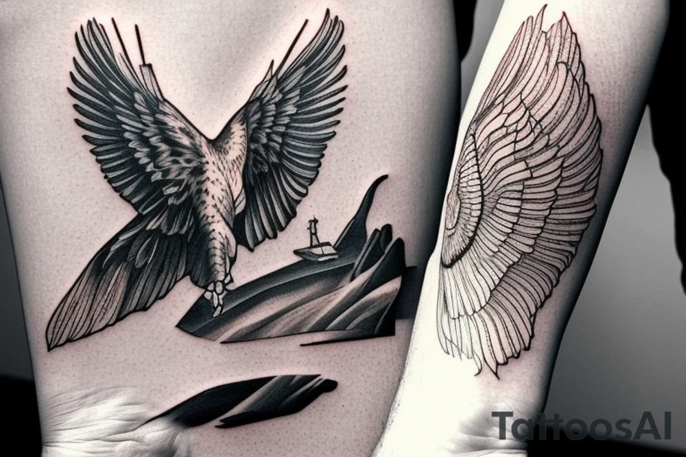 "Please create a uniquely minimalist tattoo for the wrist that intertwines the powerful symbolism of an eagle and a manta ray. The design should start with a single, striking line that forms an eagle's wing, symbolizing strength, courage, and freedom. The eagle's wing should smoothly transition into the fluid, graceful wing of a manta ray, a symbol of serenity and harmonious flow in life. Nestled between the wings of these two majestic creatures, introduce a tranquil representation of the sea, denoting life's constant ebb and flow. This design should beautifully merge these symbols, resulting in an elegant, visually striking tattoo that serves as a reminder of personal strength, freedom, and the natural rhythm of life." tattoo idea