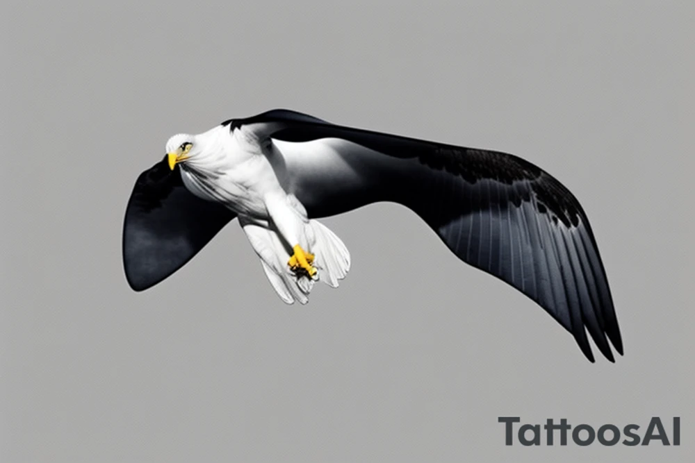 "Please create a uniquely minimalist tattoo for the wrist that intertwines the powerful symbolism of an eagle and a manta ray. The design should start with a single, striking line that forms an eagle's wing, symbolizing strength, courage, and freedom. The eagle's wing should smoothly transition into the fluid, graceful wing of a manta ray, a symbol of serenity and harmonious flow in life. Nestled between the wings of these two majestic creatures, introduce a tranquil representation of the sea, denoting life's constant ebb and flow. This design should beautifully merge these symbols, resulting in an elegant, visually striking tattoo that serves as a reminder of personal strength, freedom, and the natural rhythm of life." tattoo idea