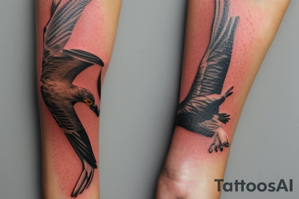 "Please create a uniquely minimalist tattoo for the wrist that intertwines the powerful symbolism of an eagle and a manta ray. The design should start with a single, striking line that forms an eagle's wing, symbolizing strength, courage, and freedom. The eagle's wing should smoothly transition into the fluid, graceful wing of a manta ray, a symbol of serenity and harmonious flow in life. Nestled between the wings of these two majestic creatures, introduce a tranquil representation of the sea, denoting life's constant ebb and flow. This design should beautifully merge these symbols, resulting in an elegant, visually striking tattoo that serves as a reminder of personal strength, freedom, and the natural rhythm of life." tattoo idea