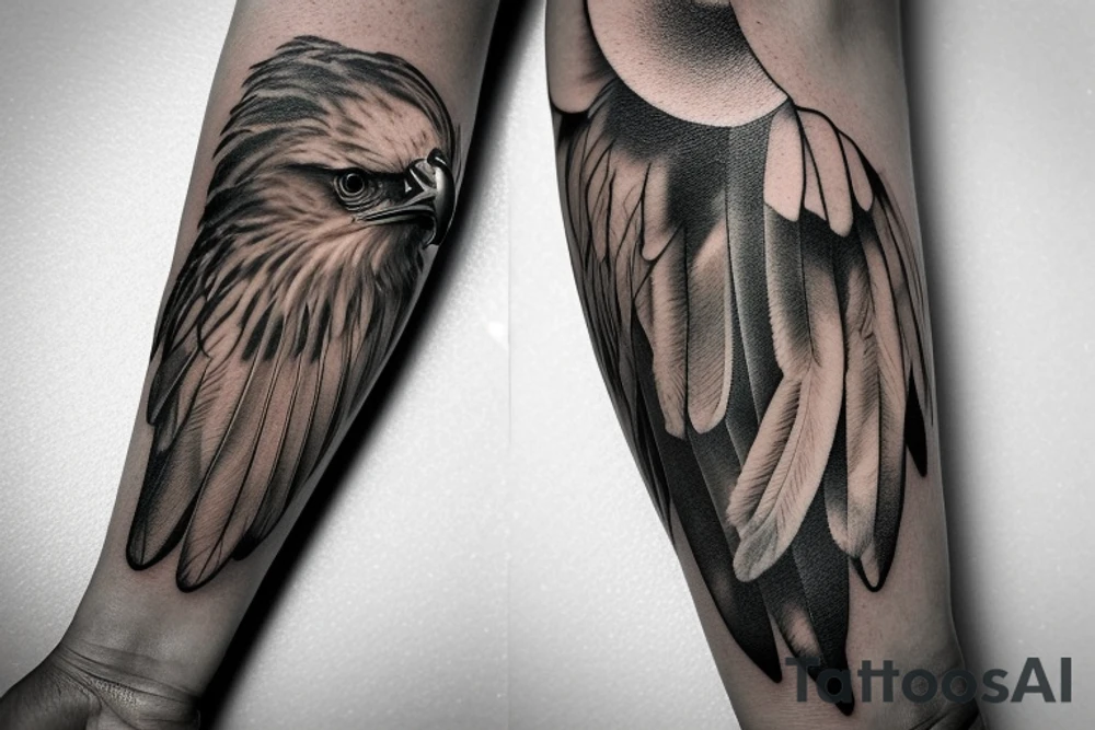 "Please create a uniquely minimalist tattoo for the wrist that intertwines the powerful symbolism of an eagle and a manta ray. The design should start with a single, striking line that forms an eagle's wing, symbolizing strength, courage, and freedom. The eagle's wing should smoothly transition into the fluid, graceful wing of a manta ray, a symbol of serenity and harmonious flow in life. Nestled between the wings of these two majestic creatures, introduce a tranquil representation of the sea, denoting life's constant ebb and flow. This design should beautifully merge these symbols, resulting in an elegant, visually striking tattoo that serves as a reminder of personal strength, freedom, and the natural rhythm of life." tattoo idea