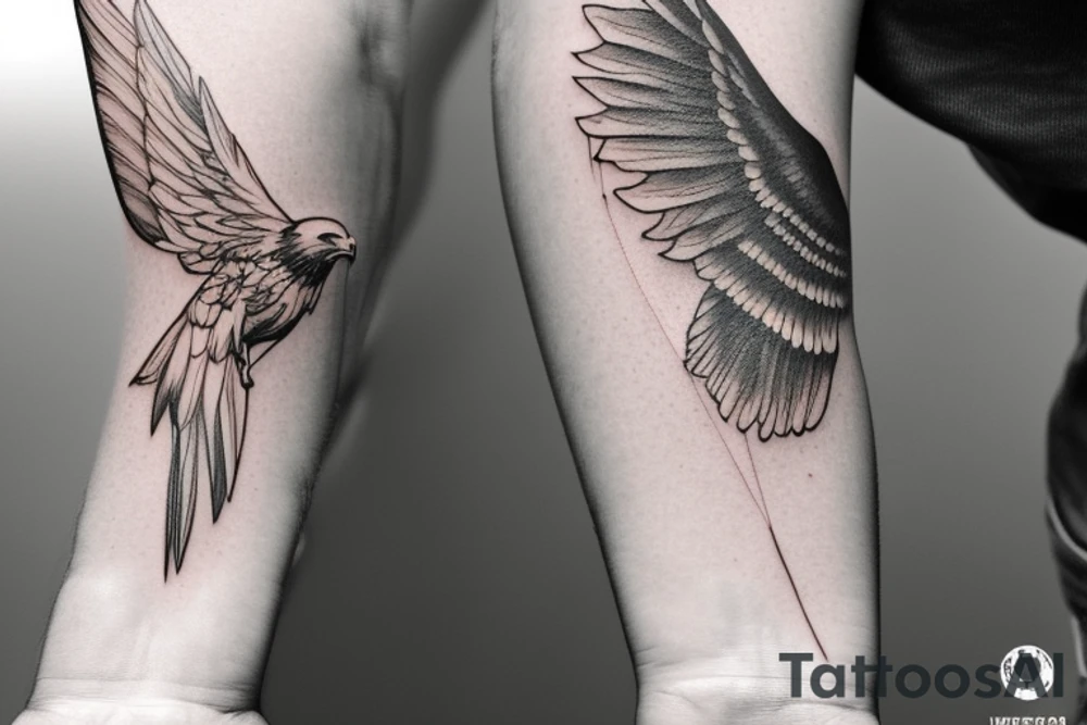 "Please create a uniquely minimalist tattoo for the wrist that intertwines the powerful symbolism of an eagle and a manta ray. The design should start with a single, striking line that forms an eagle's wing, symbolizing strength, courage, and freedom. The eagle's wing should smoothly transition into the fluid, graceful wing of a manta ray, a symbol of serenity and harmonious flow in life. Nestled between the wings of these two majestic creatures, introduce a tranquil representation of the sea, denoting life's constant ebb and flow. This design should beautifully merge these symbols, resulting in an elegant, visually striking tattoo that serves as a reminder of personal strength, freedom, and the natural rhythm of life." tattoo idea