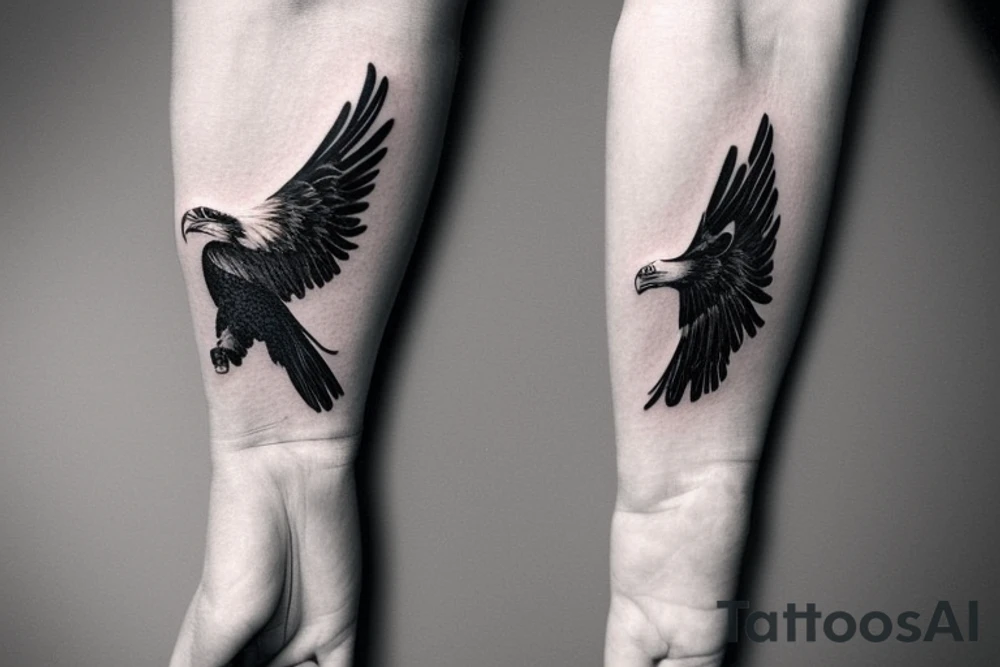 "Please create a uniquely minimalist tattoo for the wrist that intertwines the powerful symbolism of an eagle and a manta ray. The design should start with a single, striking line that forms an eagle's wing, symbolizing strength, courage, and freedom. The eagle's wing should smoothly transition into the fluid, graceful wing of a manta ray, a symbol of serenity and harmonious flow in life. Nestled between the wings of these two majestic creatures, introduce a tranquil representation of the sea, denoting life's constant ebb and flow. This design should beautifully merge these symbols, resulting in an elegant, visually striking tattoo that serves as a reminder of personal strength, freedom, and the natural rhythm of life." tattoo idea