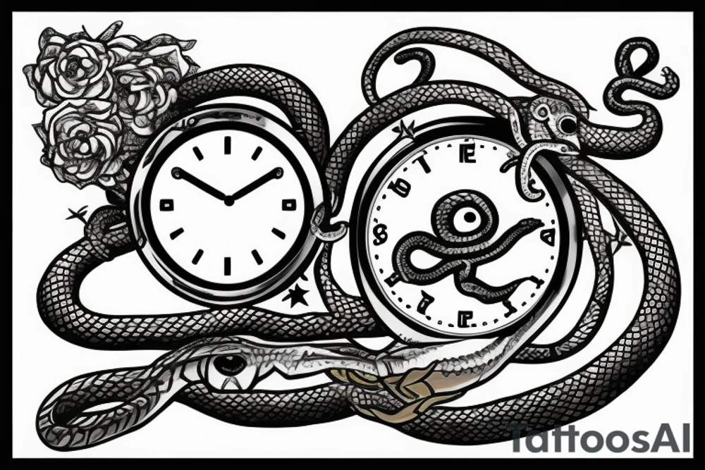Clock, sword and snake with the words Amor Fati tattoo idea