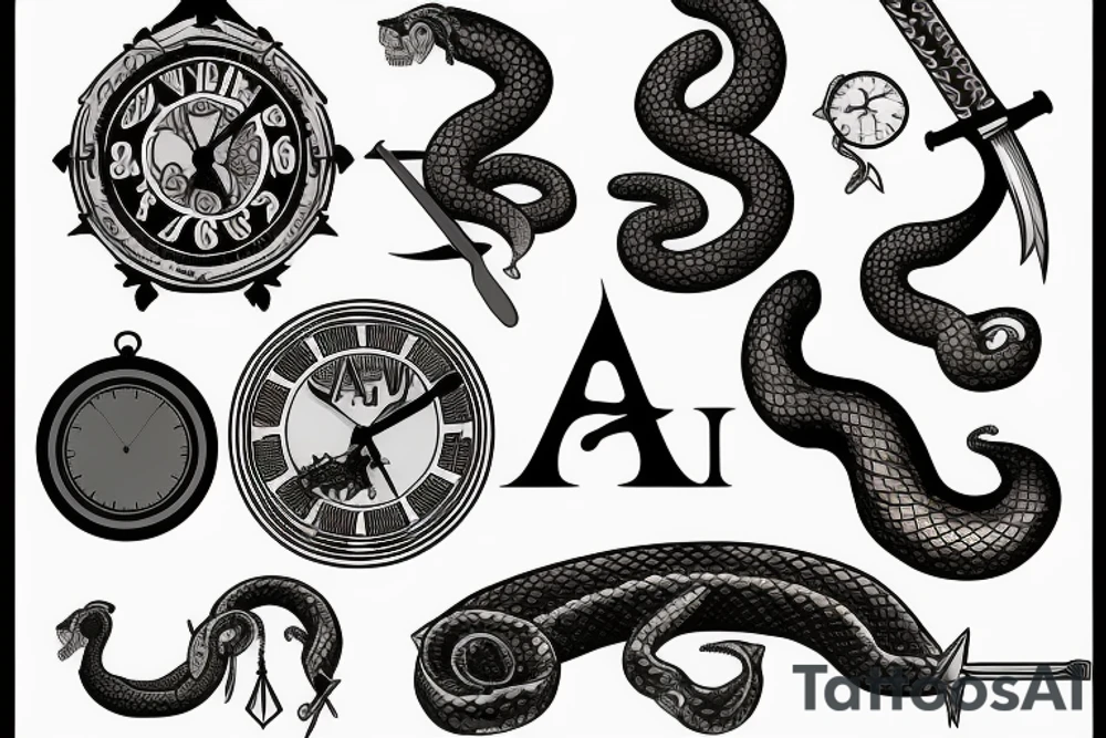 Clock, sword and snake with the words Amor Fati tattoo idea