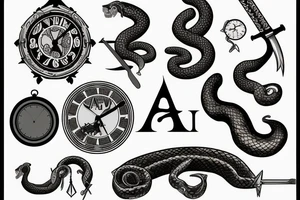 Clock, sword and snake with the words Amor Fati tattoo idea