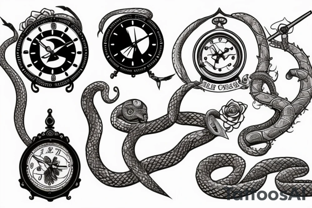 Clock, sword, snake and rose tattoo idea