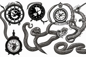 Clock, sword, snake and rose tattoo idea